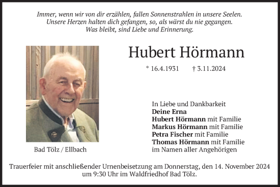 Traueranzeige von Hubert Hörmann von merkurtz