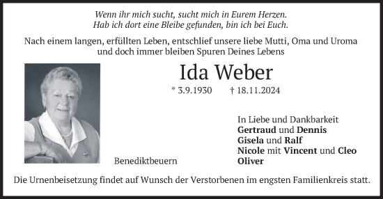 Traueranzeige von Ida Weber von merkurtz