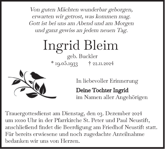 Traueranzeige von Ingrid Bleim von merkurtz