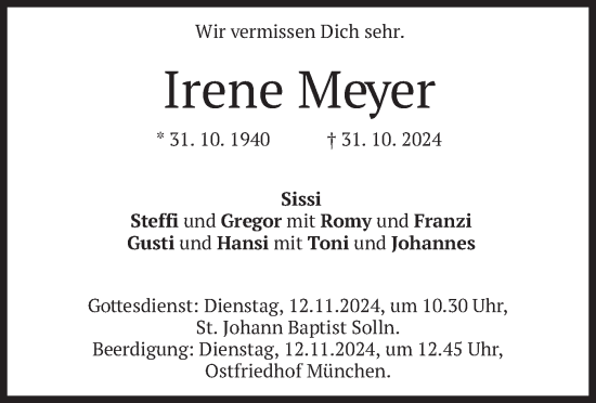 Traueranzeige von Irene Meyer von merkurtz