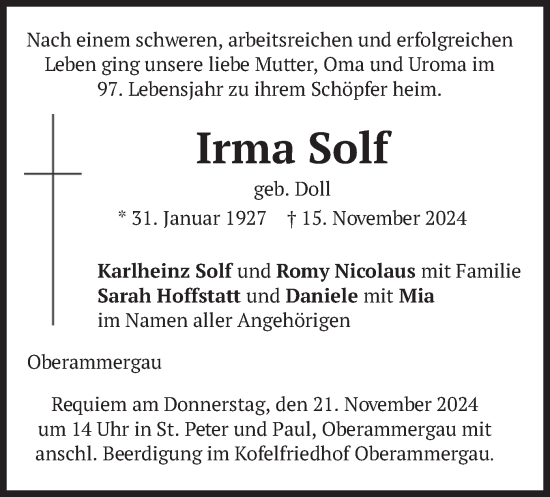 Traueranzeige von Irma Solf von merkurtz