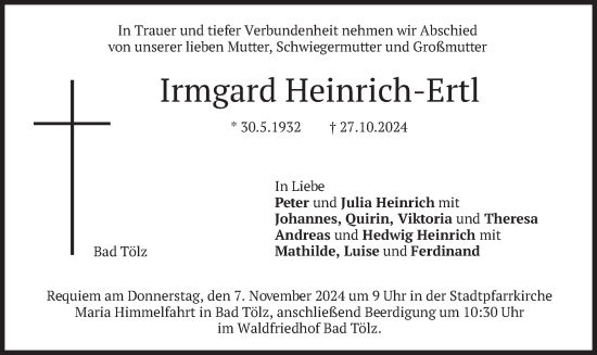 Traueranzeige von Irmgard Heinrich-Ertl von merkurtz