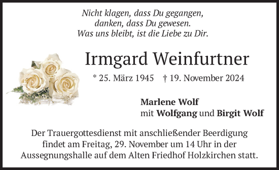 Traueranzeige von Irmgard Weinfurtner von merkurtz