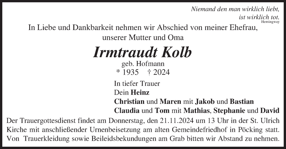  Traueranzeige für Irmtraudt Kolb vom 16.11.2024 aus merkurtz