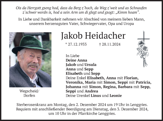 Traueranzeige von Jakob Heidacher von merkurtz