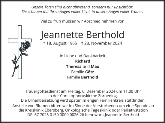 Traueranzeige von Jeannette Berthold von merkurtz