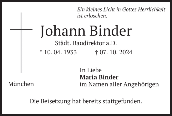 Traueranzeige von Johann Binder von merkurtz