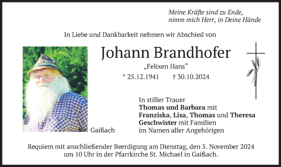 Traueranzeige von Johann Brandhofer von merkurtz