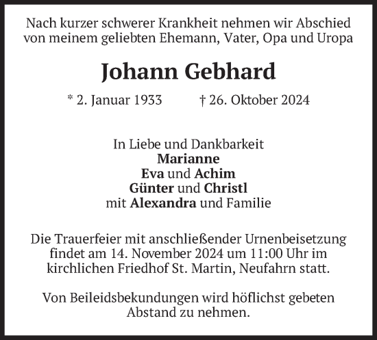 Traueranzeige von Johann Gebhard von merkurtz