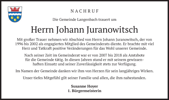 Traueranzeige von Johann Juranowitsch von merkurtz