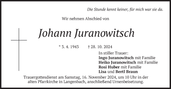 Traueranzeige von Johann Juranowitsch von merkurtz