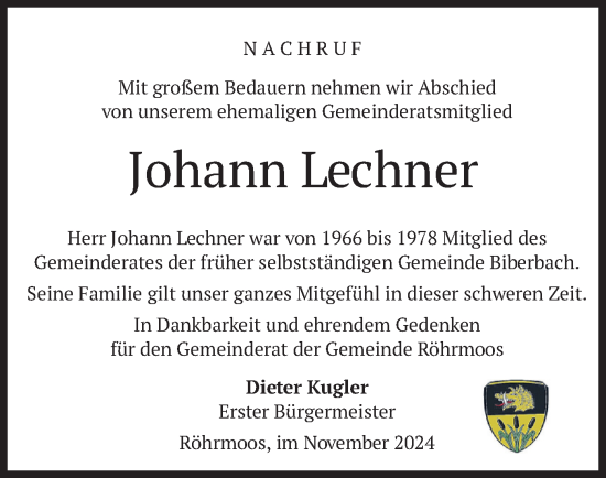 Traueranzeige von Johann Lechner von merkurtz