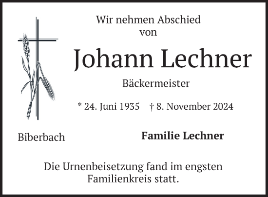 Traueranzeige von Johann Lechner von merkurtz