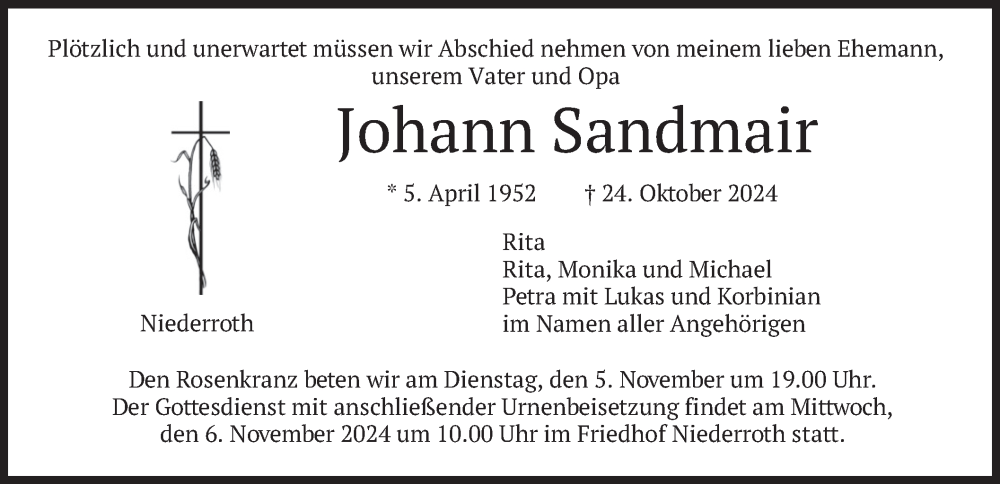  Traueranzeige für Johann Sandmair vom 02.11.2024 aus merkurtz