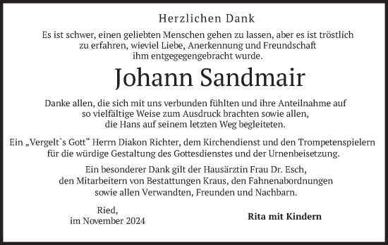 Traueranzeige von Johann Sandmair von merkurtz