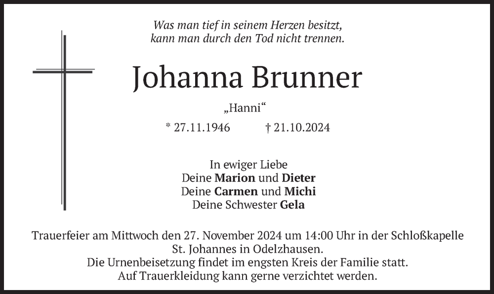  Traueranzeige für Johanna Brunner vom 16.11.2024 aus merkurtz