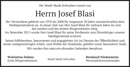 Traueranzeige von Josef Blasi von merkurtz