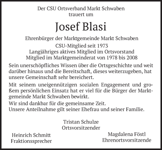 Traueranzeige von Josef Blasi von merkurtz