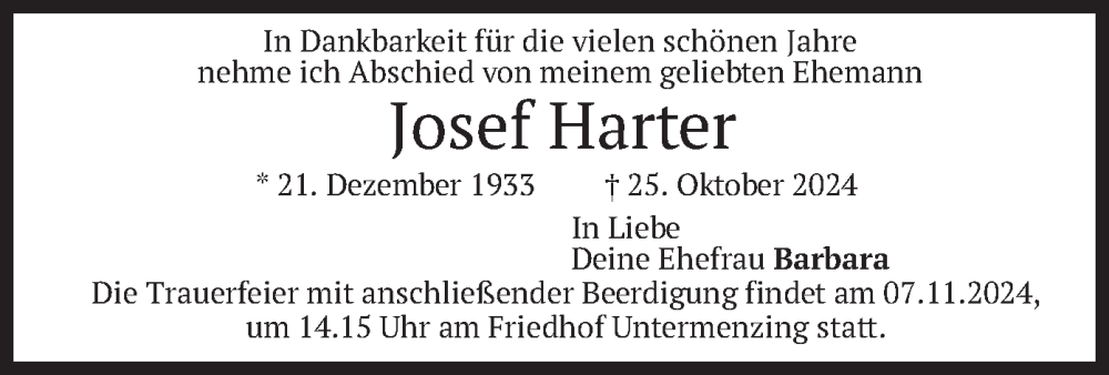  Traueranzeige für Josef Harter vom 02.11.2024 aus merkurtz