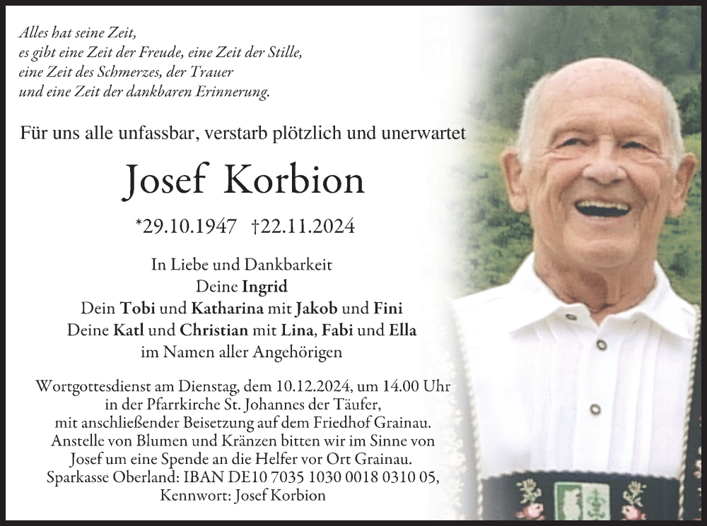  Traueranzeige für Josef Korbion vom 30.11.2024 aus merkurtz