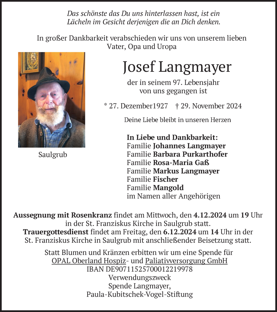  Traueranzeige für Josef Langmayer vom 30.11.2024 aus merkurtz