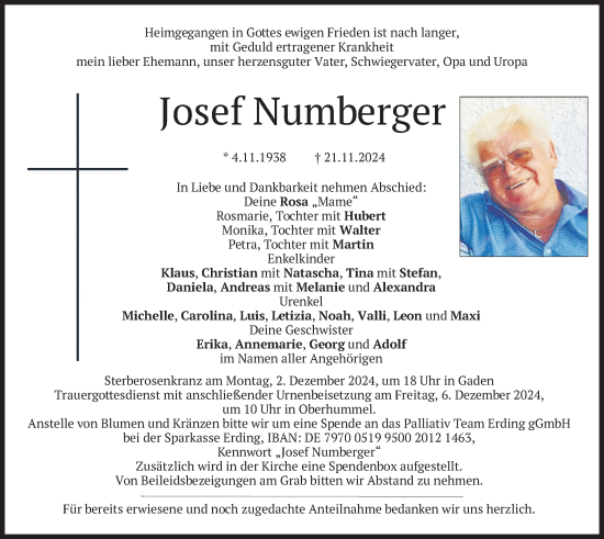 Traueranzeige von Josef Numberger von merkurtz