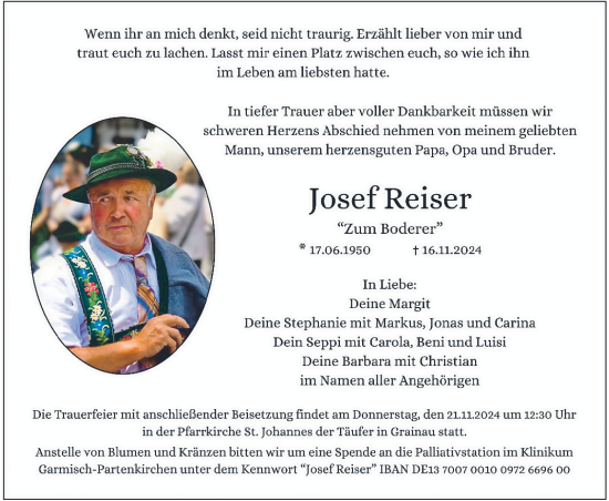 Traueranzeige von Josef Reiser von merkurtz