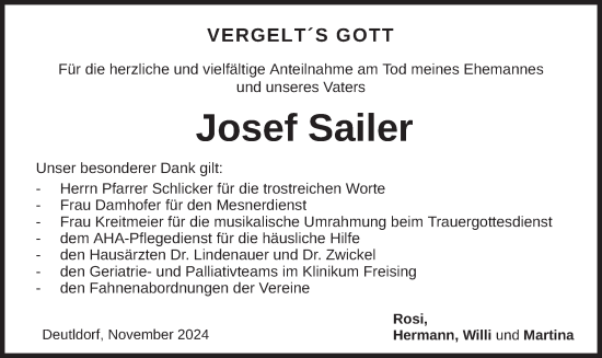 Traueranzeige von Josef Sailer von merkurtz