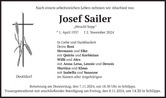 Traueranzeige von Josef Sailer von merkurtz