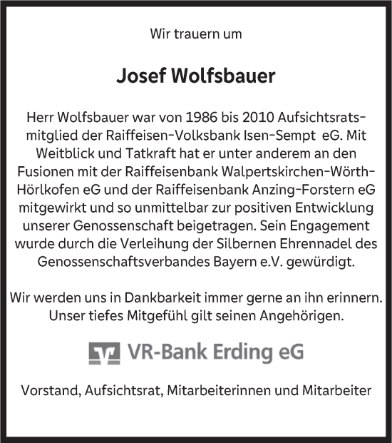 Traueranzeige von Josef Wolfsbauer von merkurtz