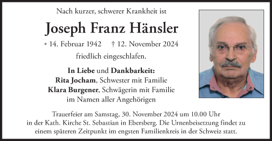 Traueranzeige von Joseph Franz Hänsler von merkurtz