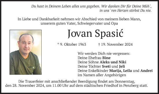 Traueranzeige von Jovan Spasic von merkurtz