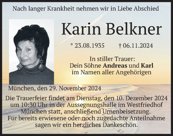 Traueranzeige von Karin Belkner von merkurtz