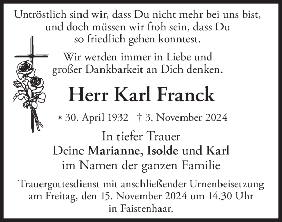 Traueranzeige von Karl Franck von merkurtz