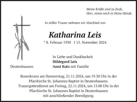 Traueranzeige von Katharina Leis von merkurtz