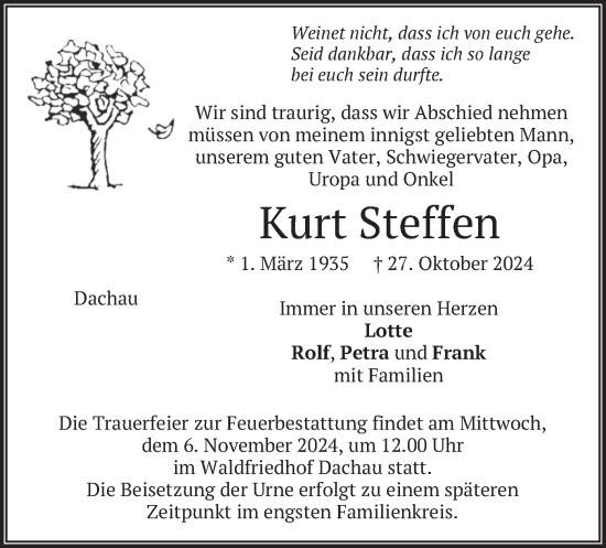 Traueranzeige von Kurt Steffen von merkurtz