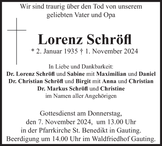 Traueranzeige von Lorenz Schröfl von merkurtz