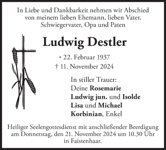 Traueranzeige von Ludwig Destler von merkurtz