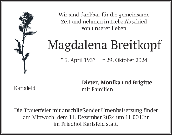 Traueranzeige von Magdalena Breitkopf von merkurtz