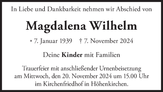 Traueranzeige von Magdalena Wilhelm von merkurtz