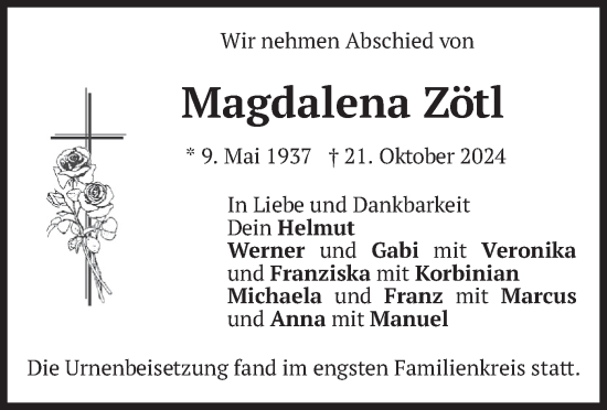 Traueranzeige von Magdalena Zötl von merkurtz