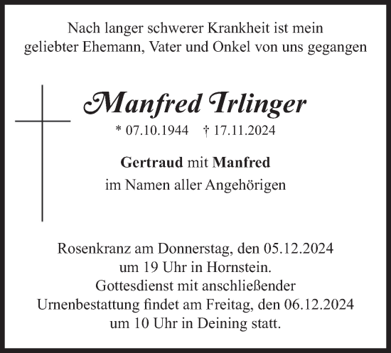Traueranzeige von Manfred Irlinger von merkurtz