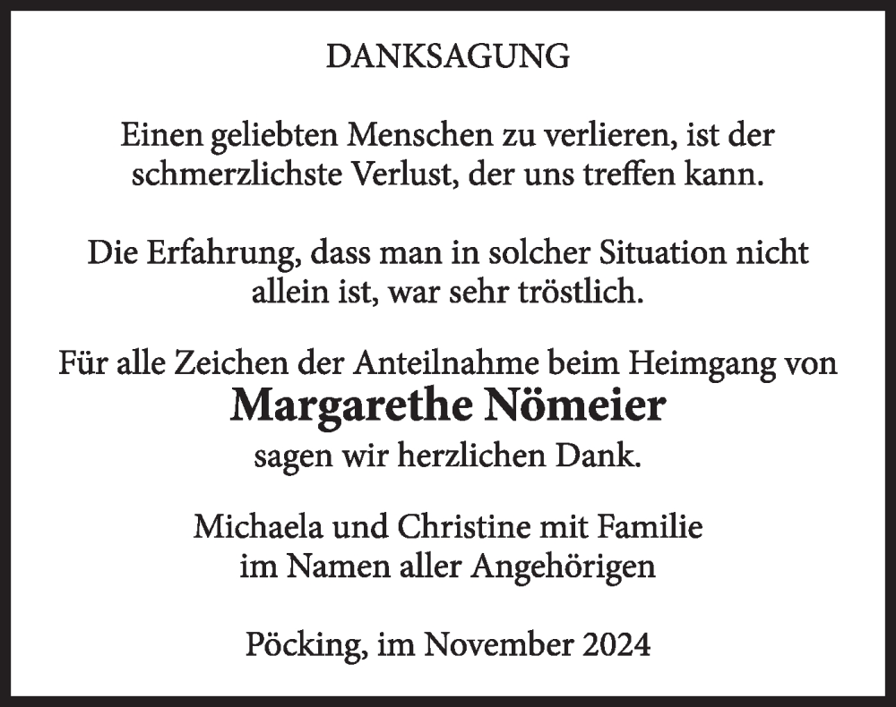  Traueranzeige für Margarethe Nömeier vom 02.11.2024 aus merkurtz