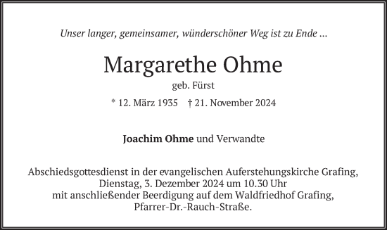 Traueranzeige von Margarethe Ohme von merkurtz