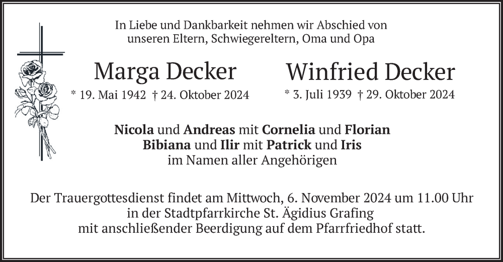  Traueranzeige für Marga und Winfried Decker vom 02.11.2024 aus merkurtz