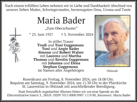 Traueranzeige von Maria Bader von merkurtz