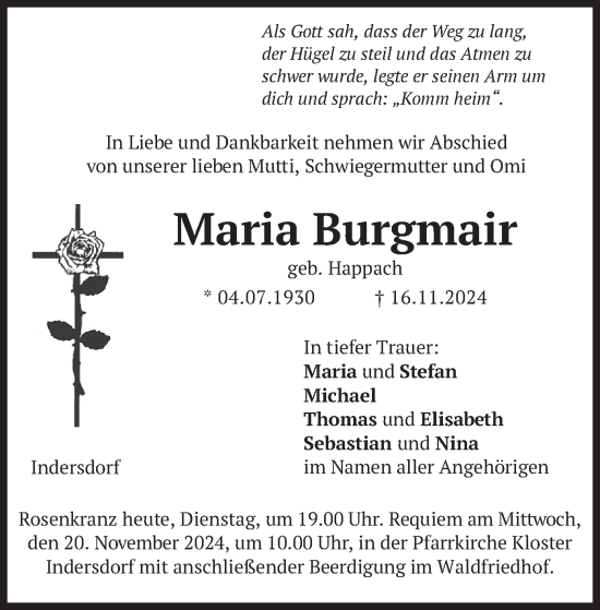 Traueranzeige von Maria Burgmair von merkurtz