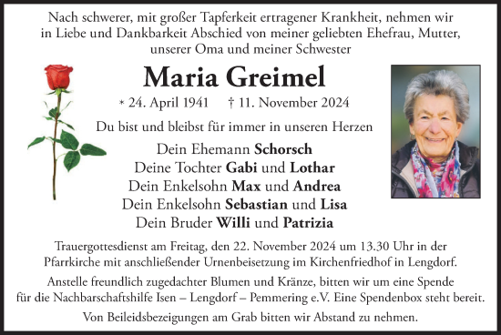 Traueranzeige von Maria Greimel von merkurtz