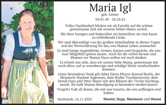 Traueranzeige von Maria Igl von merkurtz
