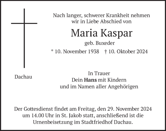 Traueranzeige von Maria Kaspar von merkurtz